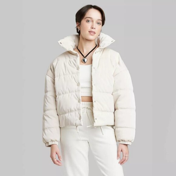 NEW! Women's Iridescent Shine Duvet Puffer Jacket Coat, Light Beige - Wild Fable - Picture 1 of 16